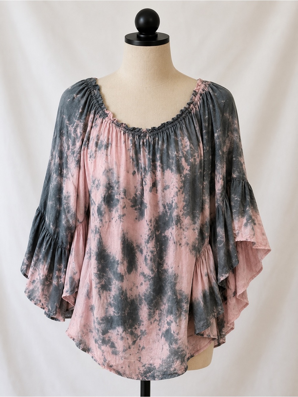 Elan Pink and Gray Tie-Dye Peasant Off-Shoulder Tunic